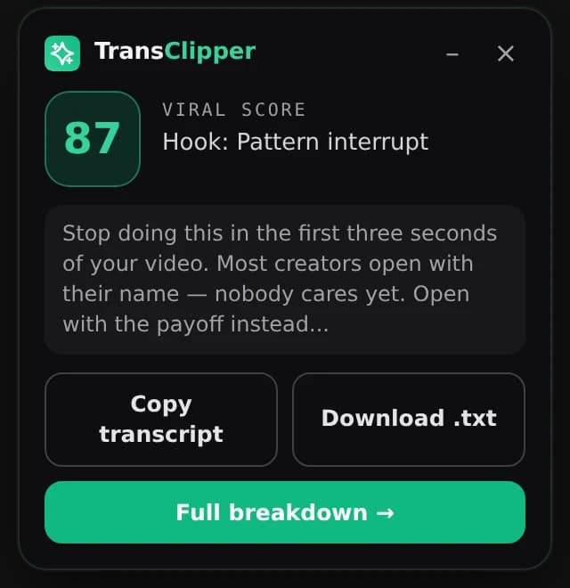 Viral score and transcript card on a TikTok video